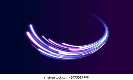 Comet with a long bright tail in outer space. Laser beams luminous abstract sparkling isolated on a transparent background. Abstract neon color glowing lines background.	