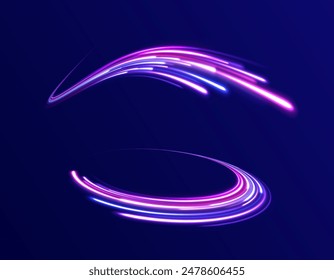 Comet with a long bright tail in outer space. Expressway in long delay, with car lights at night on autobahn. Vector glitter light fire flare trace. Power energy.	