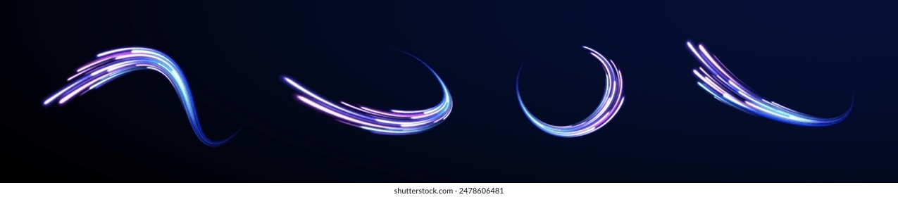 Comet with a long bright tail in outer space. Laser beams luminous abstract sparkling isolated on a transparent background. Abstract neon color glowing lines background.	