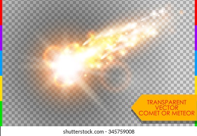 Comet, Meteor Or Fire On Transparent Background. Vector Glow Special Light Effect With Sparks. Rocket In Sky