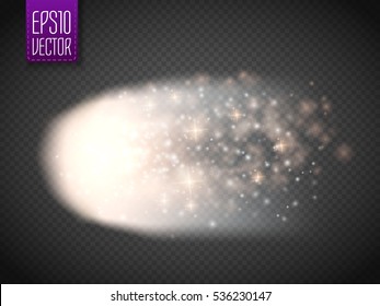 Comet, meteor or fire on transparent background. Vector glow motion special light effect with sparks.