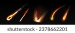 Comet or meteor trail and magic fire effect vector. Asteroid fireball shooting isolated shower sparkle motion. Shiny meteoroid glow movement cosmic blast. Neon gold fantasy game spell explosion