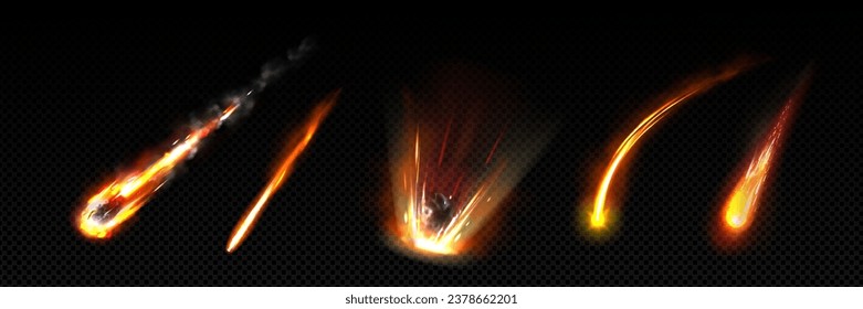 Comet or meteor trail and magic fire effect vector. Asteroid fireball shooting isolated shower sparkle motion. Shiny meteoroid glow movement cosmic blast. Neon gold fantasy game spell explosion