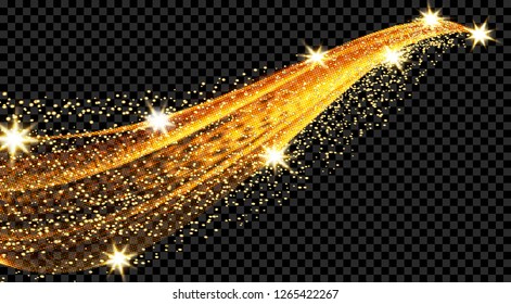 Comet, meteor, trail space ship. Golden wave design element with glitter effect on a dark background. Vector illustration
