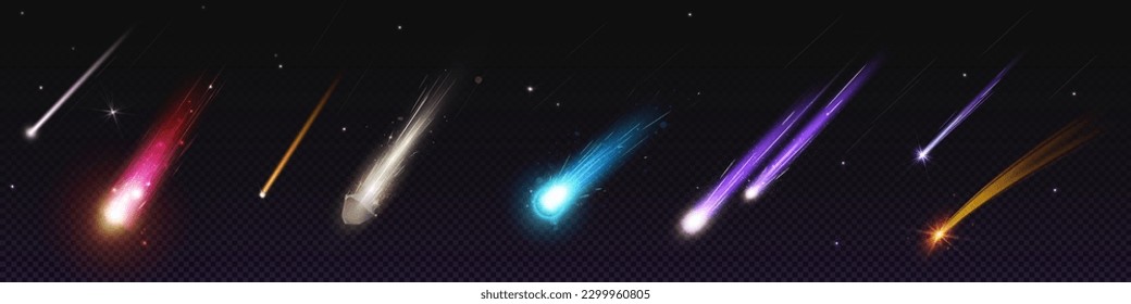 Comet and meteoroid fall speed trail galaxy vector set. 3d meteor shower with flame in sky effect with star. Isolated flying astronomy object tail at night illustration. Fast shooting cosmic dust