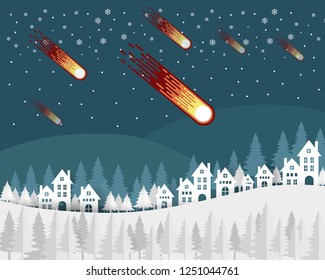 Comet to mountain and hills houses in winter landscape