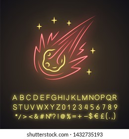 Comet neon light icon. Falling star. Meteor, asteroid. Bright celestial object. Fireball. Atmospheric meteorite. Glowing sign with alphabet, numbers and symbols. Vector isolated illustration