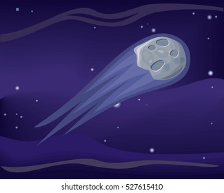 Comet in night sky. Icy small Solar System body that, when passing close to Sun, heats up and begins to outgas, displaying visible atmosphere or coma, and sometimes also tail. Comet nuclei. Vector