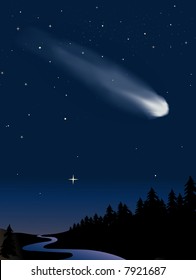 Comet in the night sky over the woods