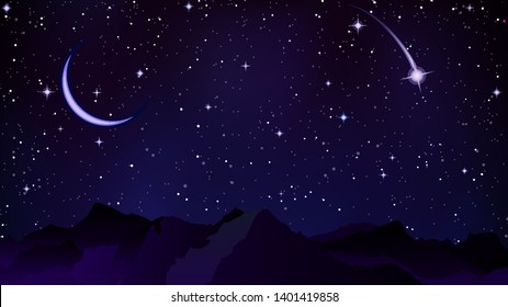 Comet on the background of night mountains, vector art illustration.