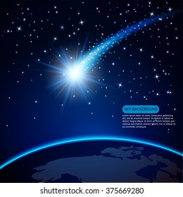 Comet on Earth Planet in cosmos sky background. Vector illustration.