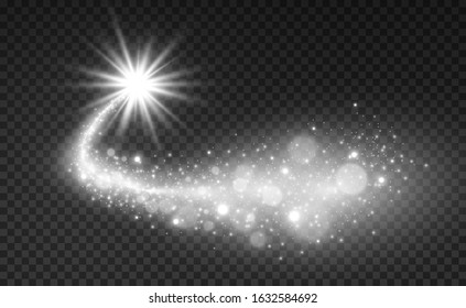 Comet on a transparent background. Bright Star. Starry beautiful path. Shooting star. Comet tail. Meteor flies. Space object.