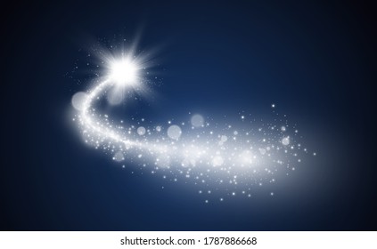 Comet on a transparent background. Bright Star. Starry beautiful path. Shooting star. Comet tail. Meteor flies. Space object.