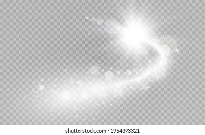 Comet on a transparent background. Bright Star. Starry beautiful path. Shooting star. Comet tail. Meteor flies. Space object.