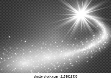 Comet on a transparent background. Bright Star. Starry beautiful path. Shooting star. Comet tail. Meteor flies. Space object.