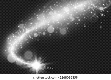 Comet on a transparent background. Bright Star. Starry beautiful path. Shooting star. Comet tail. Meteor flies. Space object.	