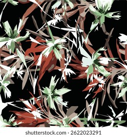 cometa orquídea Abstrato vetor sólido design têxtil, arranjo com flor de orquídea cometa, todo-sobre padrão sem emenda com verde, vermelho e marrom Tom cor ilustração, fábrica de impressão digital