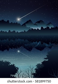 cometa sobre los bosques profundos y el río durante la noche