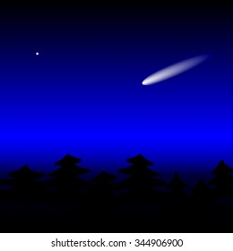 Comet over trees; New Year; night; mystique; silhouette