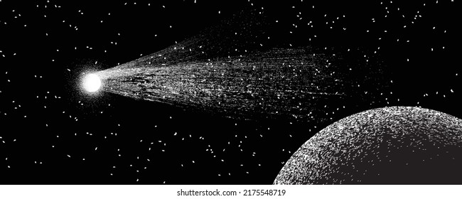 Comet and planet in space. Futuristic landscape, with noise texture . Night landscape with starry sky .Vector illustration