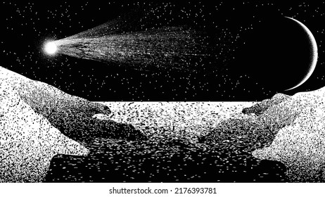 Comet and planet in space. Futuristic landscape, with noise texture . Night landscape with starry sky .Vector illustration