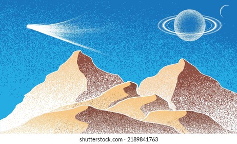 Cometa y planeta en el espacio. Paisaje futurista, con textura acústica. Paisaje nocturno con cielo estrellado .Ilustración vectorial