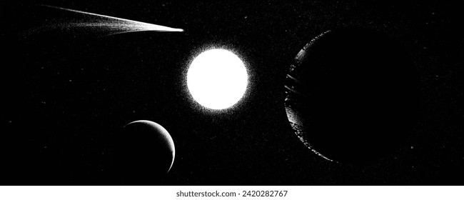 Comet and planet in space. Futuristic landscape, with noise texture . Night landscape with starry sky .Vector illustration