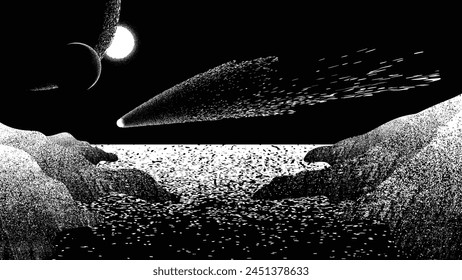 Comet and planet in space. Futuristic landscape, with noise texture . Night landscape with starry sky .Vector illustration