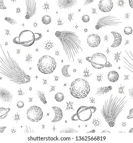 Comet planets and stars seamless pattern. Hand drawn ink sketch of the space stars. Vector illustration is monochrome.