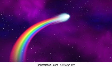 Comet With Rainbow Tail On Outer Space. Vector Illustration.