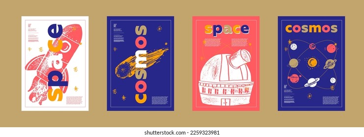 Comet, rocket, planets, observatory. Poster design. Vector illustrations. Typography. Vintage engraving style. Background images for cover, banner, poster. T-shirt print.	