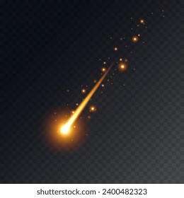 Efecto de disparo de cometas, asteroide volador, estrella en el espacio. El meteorito de caída de oro aislado en fondo negro transparente. Vector cosmos estelar o rayo de fantasía