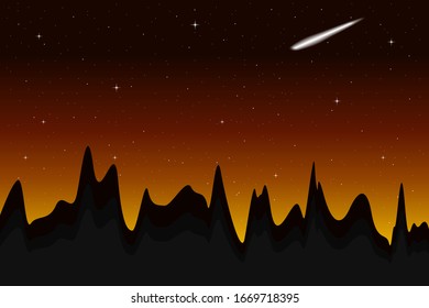 Comet in starry sky. Night in mountains. Vector illustration.