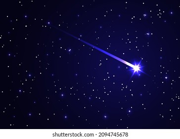 comet in the starry space sky, star and comet universe background. Astrology horizontal backdrop. Stardust in galaxy, shooting star against dark blue starry night sky, vector illustration