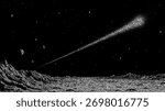Comet streaking across a stippled space sky with celestial bodies and a cratered alien planet surface. Minimalist monochrome design for astronomy.