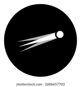 A comet symbol in the center. Isolated white symbol in black circle. Vector illustration on white background