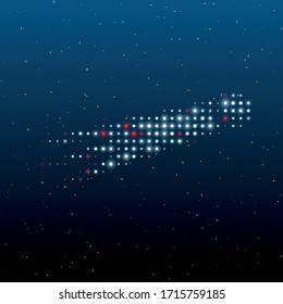 The comet symbol filled with white dots. Some dots is red. Vector illustration on blue background with stars