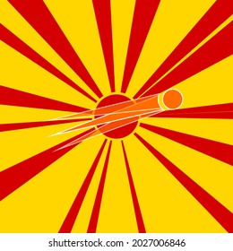 Comet symbol on a background of red flash explosion radial lines. The large orange symbol is located in the center of the sun, symbolizing the sunrise. Vector illustration on yellow background