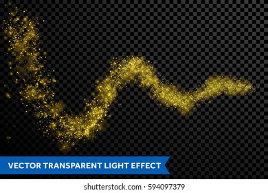 Comet tail of gold glittering star particles. Magical wave trace on black background.