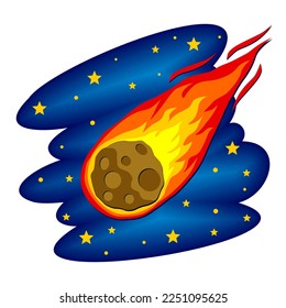 Cometa con cola o meteorito con rastro de fuego en cielo estrellado. Vector de dibujos animados sobre fondo transparente