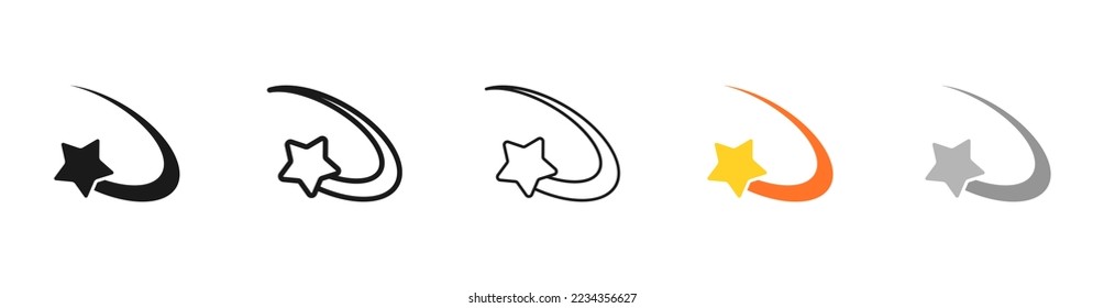Bekommt mit dem Symbol für den Schwanzsatz. Rezension, Feedback, Bewertung, Sternenhimmel, Komet, Sternschnuppe mit Schwanz, Tinkle, Verlangen, erster Platz, Tinkle, Verlangen. Traumkonzept. Vektorgrafik-Fünf-Symbol mit unterschiedlichem Stil