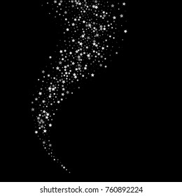 Comet Tail of Silver Glittering Stars on Black Background. Greeting Card, Wedding, Invitation Template with Shimmering Stars Confetti Trail. Dark Sky Vector Background for Glamour, Luxury Design.