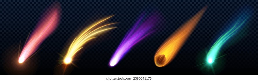 Comet trail effect and meteor star light vector. Asteroid speed fall flame and galaxy fire 3d isolated illustration. Realistic night flare glow from rocket tail. Fireball or missile burst ui vfx