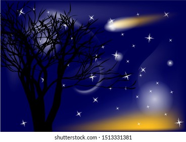comet and tree in a night sky. 10 EPS