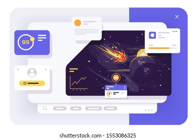 Comet ui dashboard vector illustration. Heavenly body with misty glowing spot and light strip in shape of a tail on open programme window flat style concept