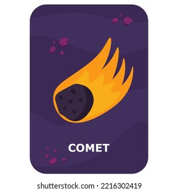 Comet. Vector Space flash card. English language game with cute astronaut, rocket, planet, comet, alien for kids. Astronomy flashcards with funny characters. Simple educational printable worksheet.