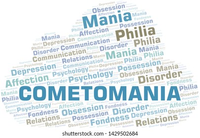 Cometomania word cloud. Type of mania, made with text only.