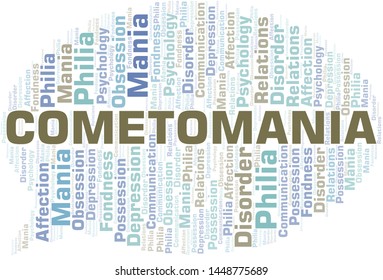 Cometomania word cloud. Type of mania, made with text only.