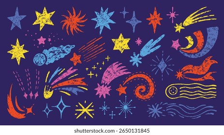 Comets crayon drawing. Childish style stars, flying comet, asteroid. Pencil painting design, different vibrant festive, space, universe neoteric vector elements
