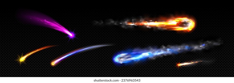 Cometas con efecto de traza brillante. Ilustración vectorial realista de varios asteroides, meteoros u otros cuerpos rocosos espaciales volando a alta velocidad y dejando una cola brillante de fuego o hielo.